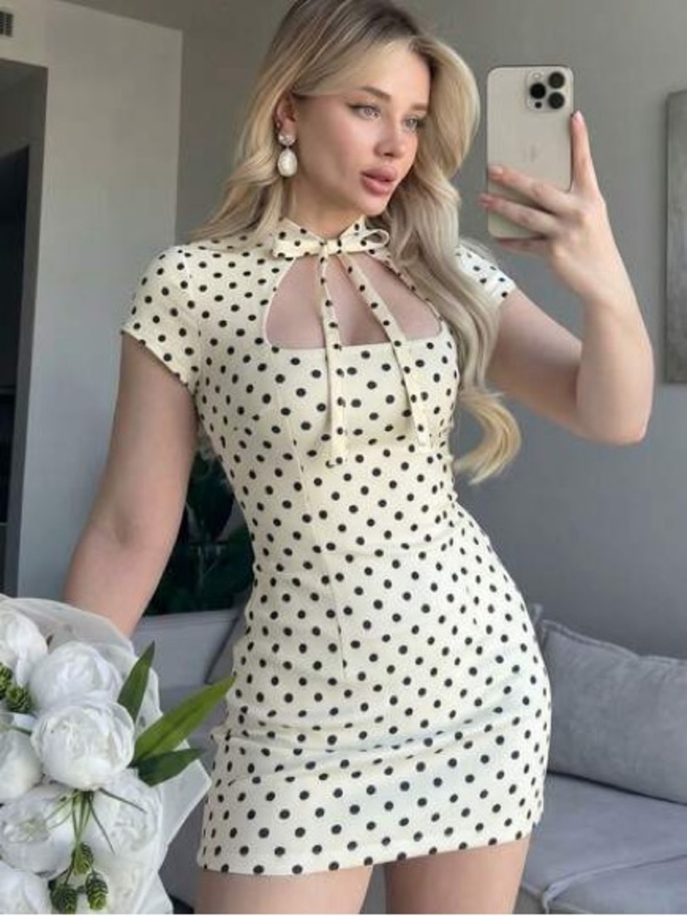 Zara Cream Mini Dress with Black Polka Dots and Tie-Neck